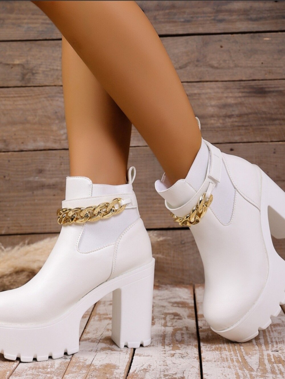 Women's Size 9.5 (42) White Platform Ankle Boots/Chunky Heel/Thick LugSole/ Chai
